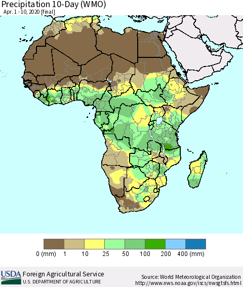 Africa Precipitation 10-Day (WMO) Thematic Map For 4/1/2020 - 4/10/2020