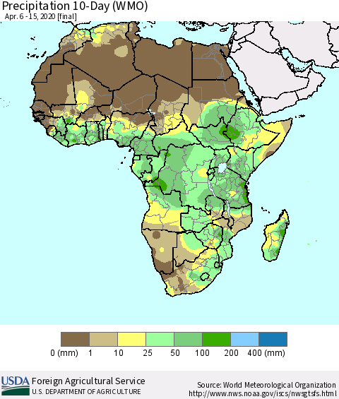 Africa Precipitation 10-Day (WMO) Thematic Map For 4/6/2020 - 4/15/2020