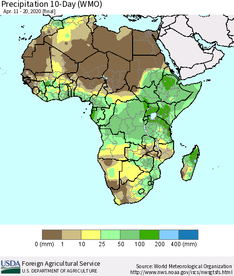 Africa Precipitation 10-Day (WMO) Thematic Map For 4/11/2020 - 4/20/2020