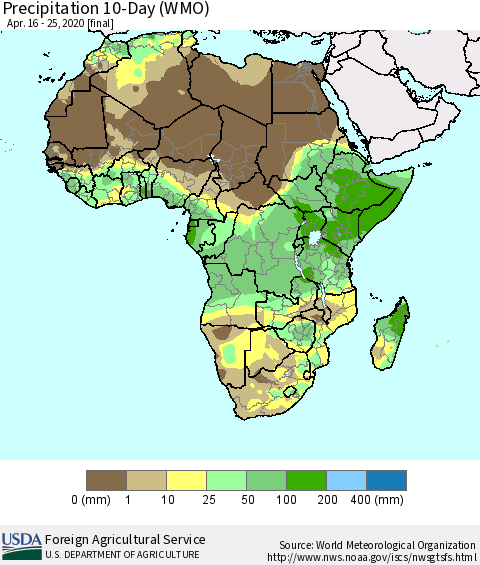 Africa Precipitation 10-Day (WMO) Thematic Map For 4/16/2020 - 4/25/2020