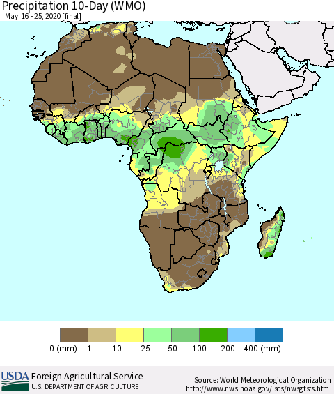 Africa Precipitation 10-Day (WMO) Thematic Map For 5/16/2020 - 5/25/2020