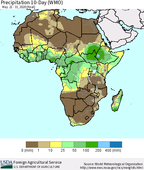 Africa Precipitation 10-Day (WMO) Thematic Map For 5/21/2020 - 5/31/2020