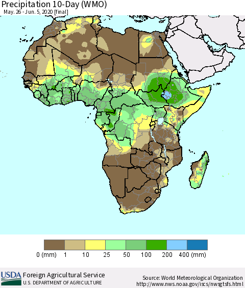 Africa Precipitation 10-Day (WMO) Thematic Map For 5/26/2020 - 6/5/2020