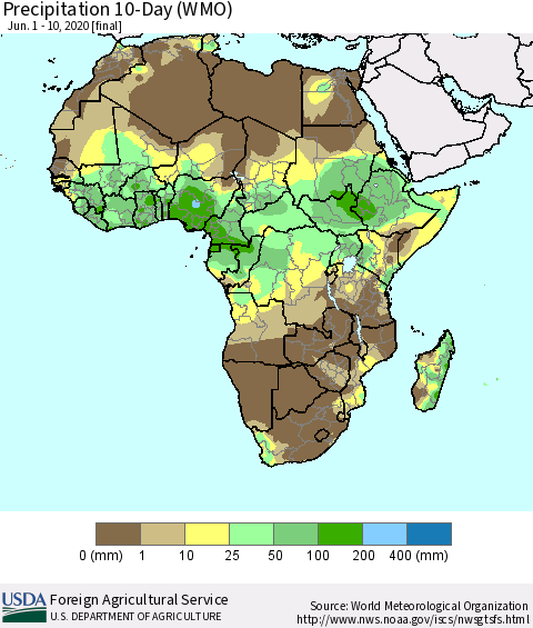 Africa Precipitation 10-Day (WMO) Thematic Map For 6/1/2020 - 6/10/2020