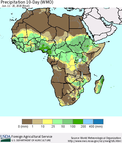 Africa Precipitation 10-Day (WMO) Thematic Map For 6/11/2020 - 6/20/2020