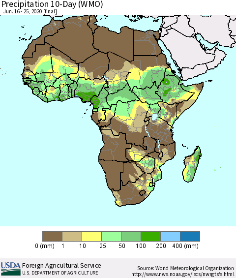 Africa Precipitation 10-Day (WMO) Thematic Map For 6/16/2020 - 6/25/2020