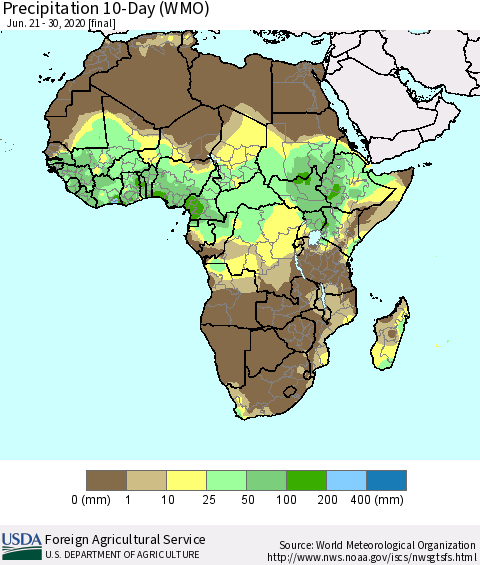 Africa Precipitation 10-Day (WMO) Thematic Map For 6/21/2020 - 6/30/2020