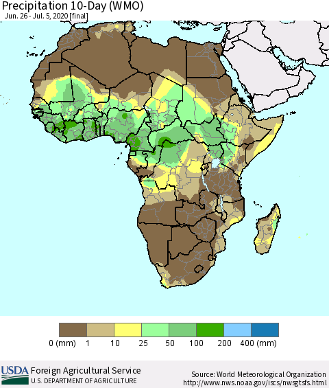 Africa Precipitation 10-Day (WMO) Thematic Map For 6/26/2020 - 7/5/2020
