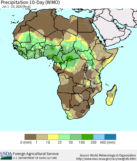 Africa Precipitation 10-Day (WMO) Thematic Map For 7/1/2020 - 7/10/2020