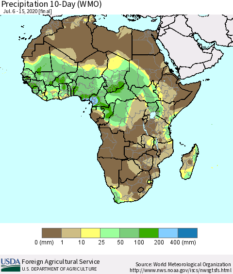 Africa Precipitation 10-Day (WMO) Thematic Map For 7/6/2020 - 7/15/2020