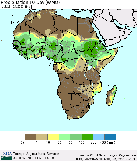 Africa Precipitation 10-Day (WMO) Thematic Map For 7/16/2020 - 7/25/2020