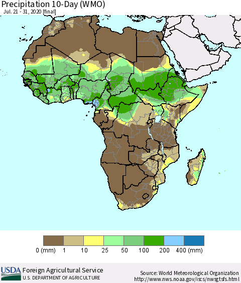 Africa Precipitation 10-Day (WMO) Thematic Map For 7/21/2020 - 7/31/2020