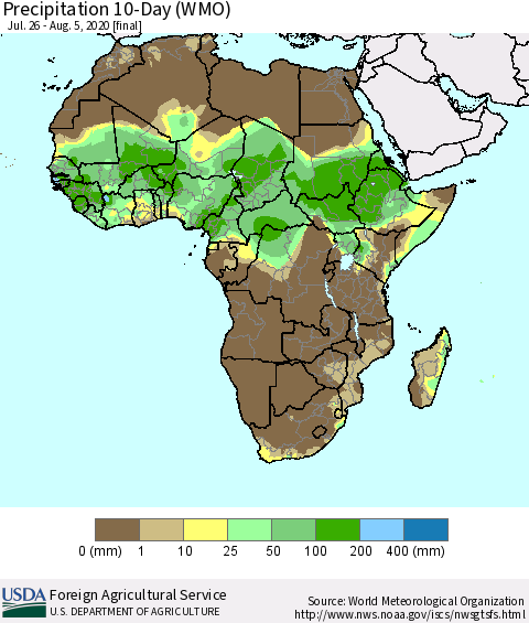 Africa Precipitation 10-Day (WMO) Thematic Map For 7/26/2020 - 8/5/2020
