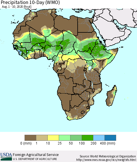 Africa Precipitation 10-Day (WMO) Thematic Map For 8/1/2020 - 8/10/2020