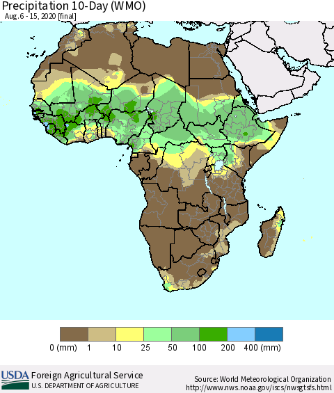 Africa Precipitation 10-Day (WMO) Thematic Map For 8/6/2020 - 8/15/2020