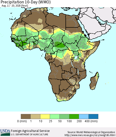 Africa Precipitation 10-Day (WMO) Thematic Map For 8/11/2020 - 8/20/2020