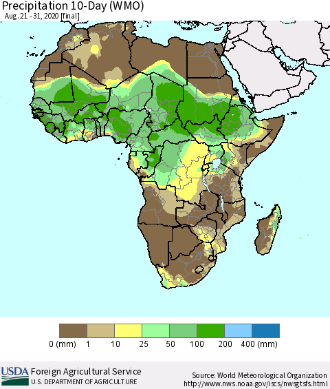 Africa Precipitation 10-Day (WMO) Thematic Map For 8/21/2020 - 8/31/2020