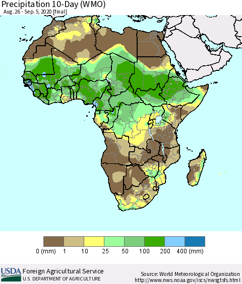 Africa Precipitation 10-Day (WMO) Thematic Map For 8/26/2020 - 9/5/2020