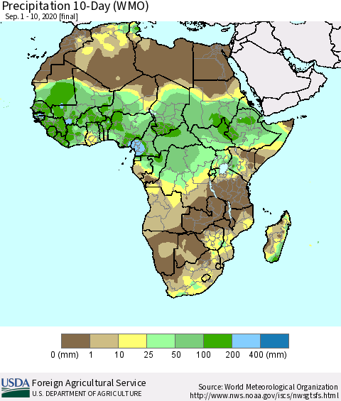 Africa Precipitation 10-Day (WMO) Thematic Map For 9/1/2020 - 9/10/2020