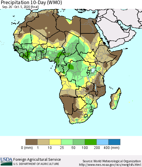 Africa Precipitation 10-Day (WMO) Thematic Map For 9/26/2020 - 10/5/2020