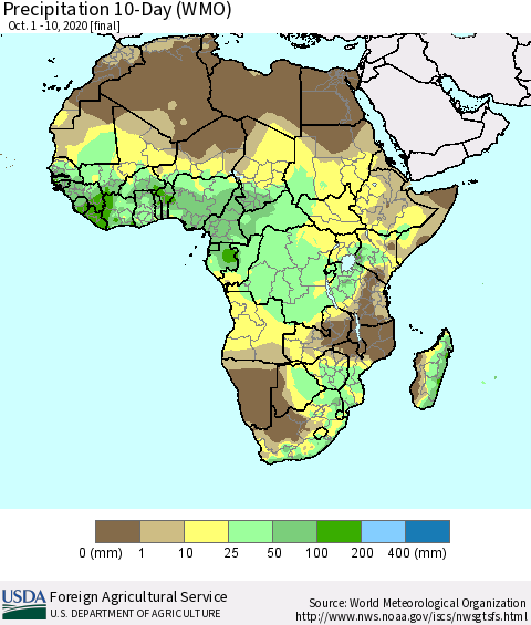 Africa Precipitation 10-Day (WMO) Thematic Map For 10/1/2020 - 10/10/2020