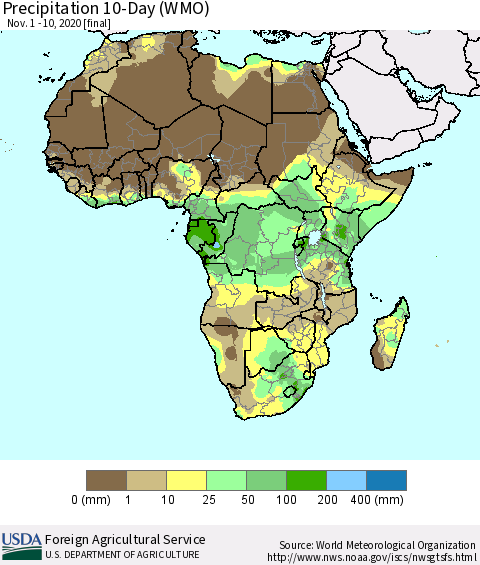 Africa Precipitation 10-Day (WMO) Thematic Map For 11/1/2020 - 11/10/2020