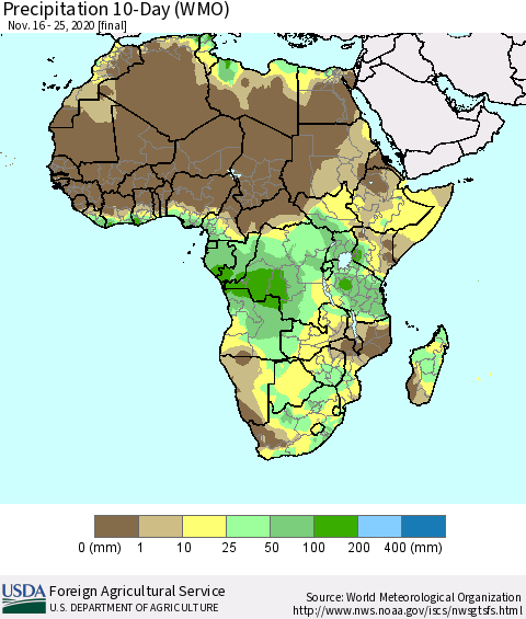 Africa Precipitation 10-Day (WMO) Thematic Map For 11/16/2020 - 11/25/2020