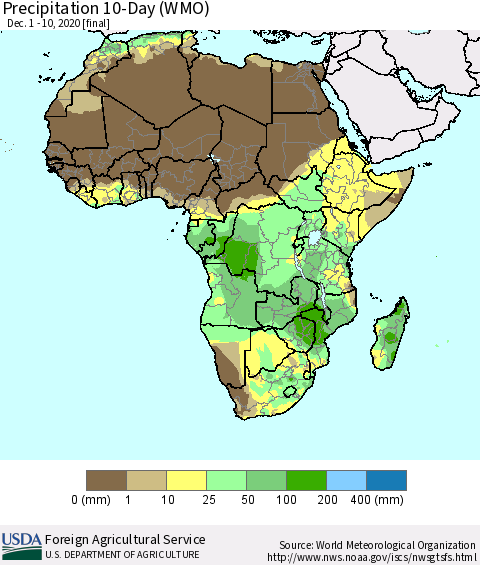 Africa Precipitation 10-Day (WMO) Thematic Map For 12/1/2020 - 12/10/2020