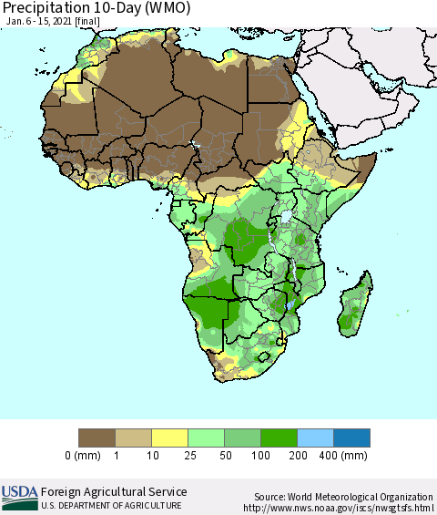 Africa Precipitation 10-Day (WMO) Thematic Map For 1/6/2021 - 1/15/2021