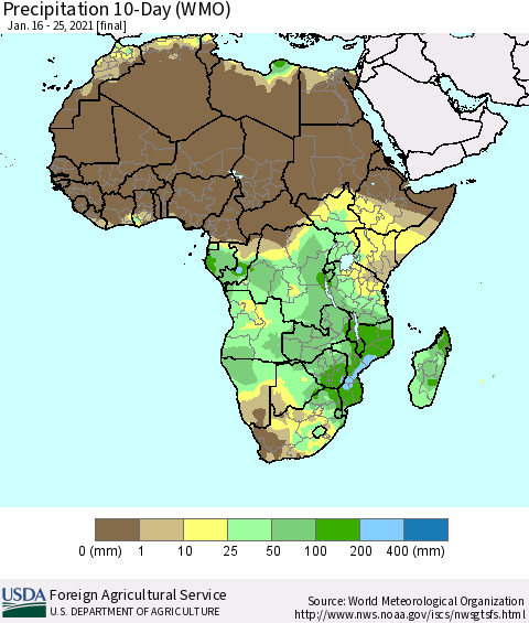 Africa Precipitation 10-Day (WMO) Thematic Map For 1/16/2021 - 1/25/2021