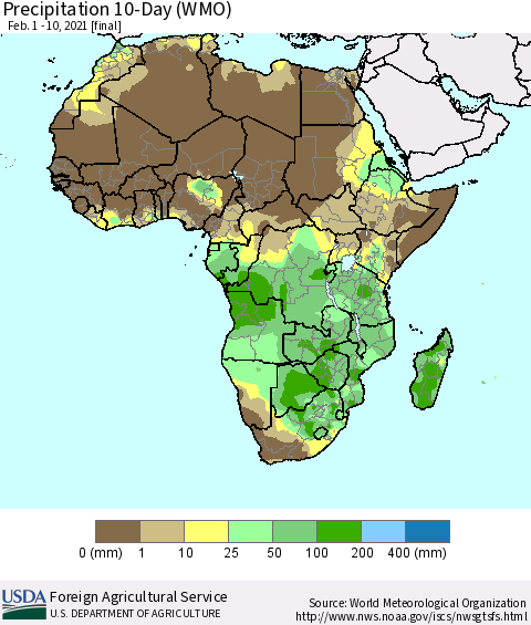 Africa Precipitation 10-Day (WMO) Thematic Map For 2/1/2021 - 2/10/2021