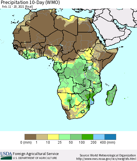 Africa Precipitation 10-Day (WMO) Thematic Map For 2/11/2021 - 2/20/2021