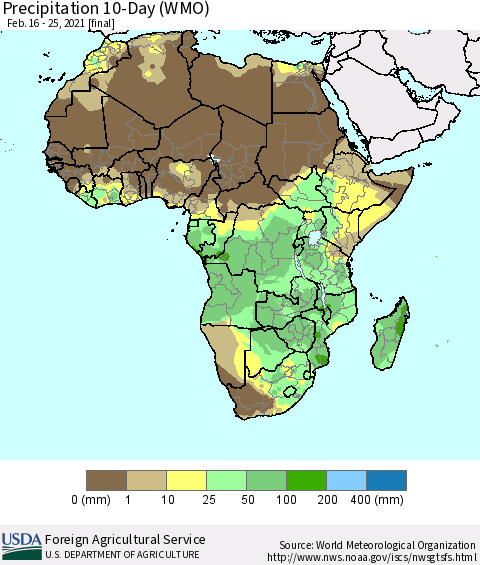 Africa Precipitation 10-Day (WMO) Thematic Map For 2/16/2021 - 2/25/2021