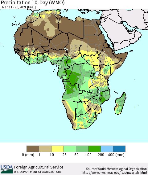 Africa Precipitation 10-Day (WMO) Thematic Map For 3/11/2021 - 3/20/2021
