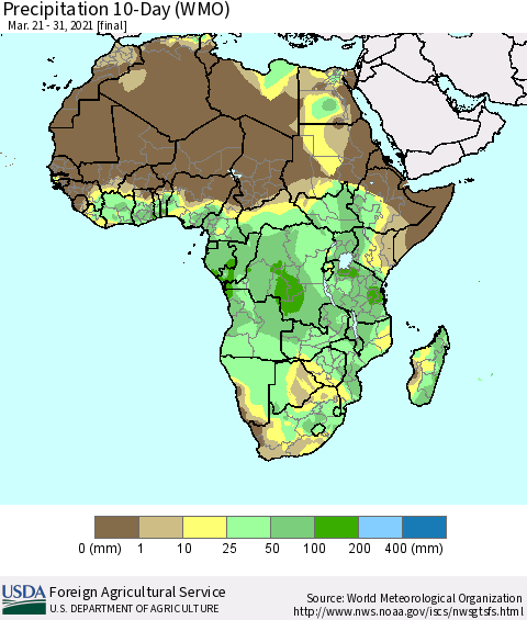 Africa Precipitation 10-Day (WMO) Thematic Map For 3/21/2021 - 3/31/2021