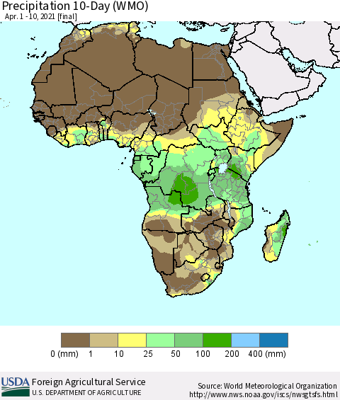Africa Precipitation 10-Day (WMO) Thematic Map For 4/1/2021 - 4/10/2021