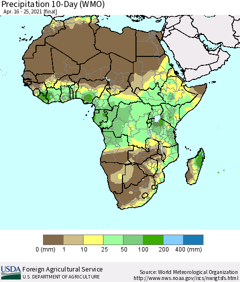 Africa Precipitation 10-Day (WMO) Thematic Map For 4/16/2021 - 4/25/2021