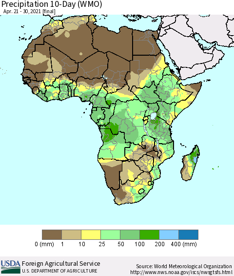 Africa Precipitation 10-Day (WMO) Thematic Map For 4/21/2021 - 4/30/2021