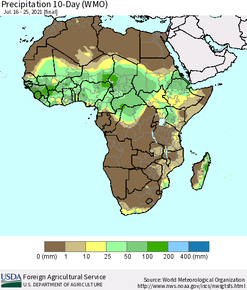 Africa Precipitation 10-Day (WMO) Thematic Map For 7/16/2021 - 7/25/2021