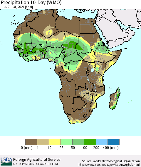 Africa Precipitation 10-Day (WMO) Thematic Map For 7/21/2021 - 7/31/2021