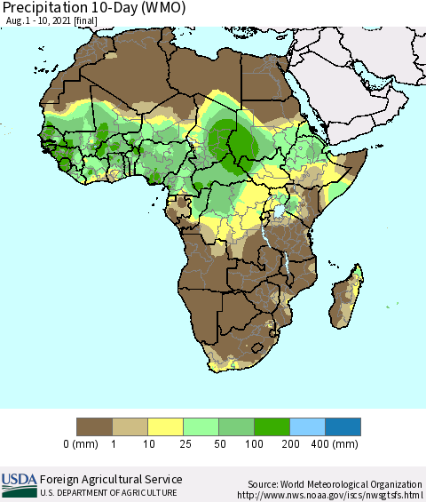 Africa Precipitation 10-Day (WMO) Thematic Map For 8/1/2021 - 8/10/2021