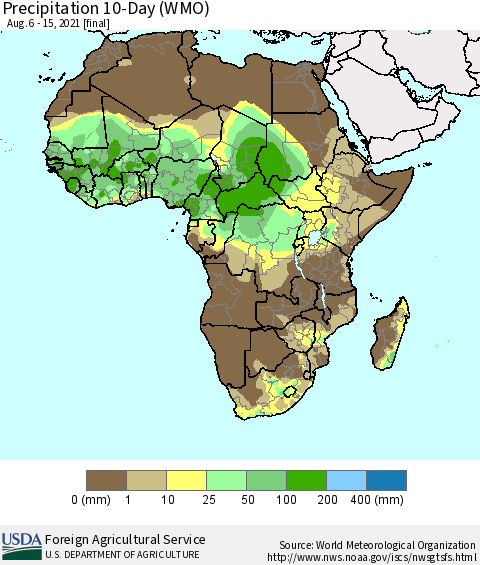 Africa Precipitation 10-Day (WMO) Thematic Map For 8/6/2021 - 8/15/2021