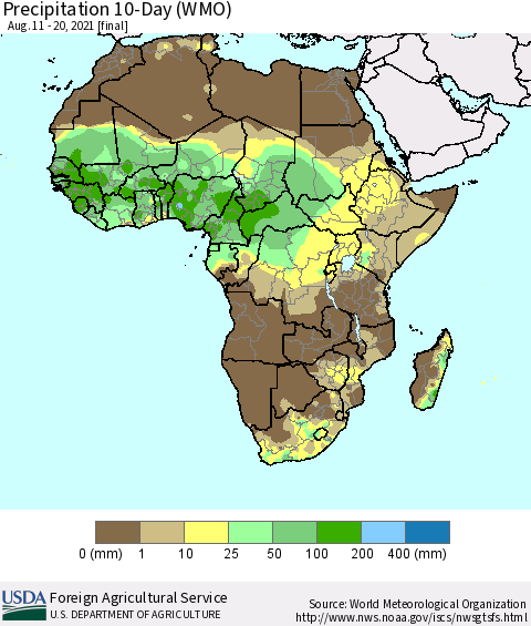 Africa Precipitation 10-Day (WMO) Thematic Map For 8/11/2021 - 8/20/2021