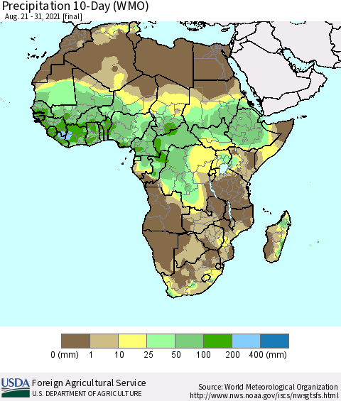 Africa Precipitation 10-Day (WMO) Thematic Map For 8/21/2021 - 8/31/2021