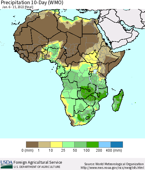 Africa Precipitation 10-Day (WMO) Thematic Map For 1/6/2022 - 1/15/2022