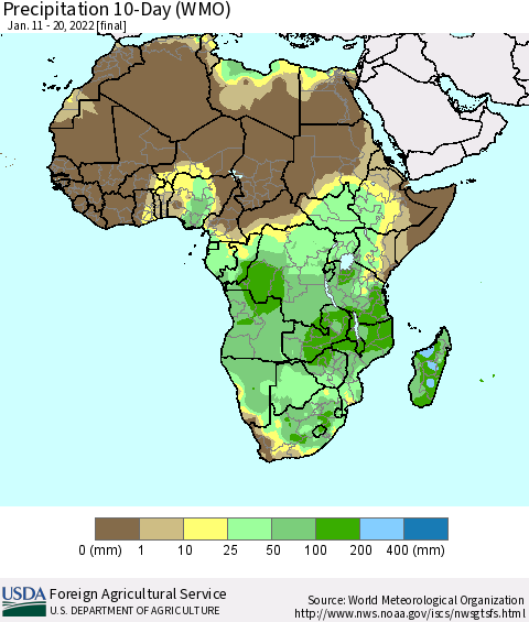 Africa Precipitation 10-Day (WMO) Thematic Map For 1/11/2022 - 1/20/2022