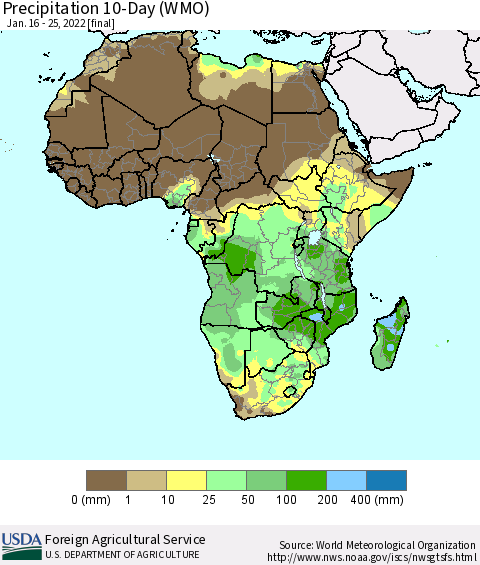 Africa Precipitation 10-Day (WMO) Thematic Map For 1/16/2022 - 1/25/2022