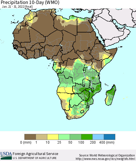 Africa Precipitation 10-Day (WMO) Thematic Map For 1/21/2022 - 1/31/2022