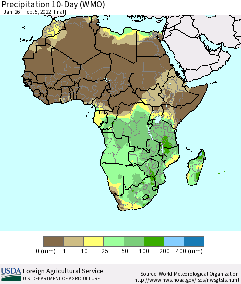 Africa Precipitation 10-Day (WMO) Thematic Map For 1/26/2022 - 2/5/2022