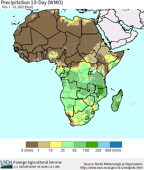 Africa Precipitation 10-Day (WMO) Thematic Map For 2/1/2022 - 2/10/2022